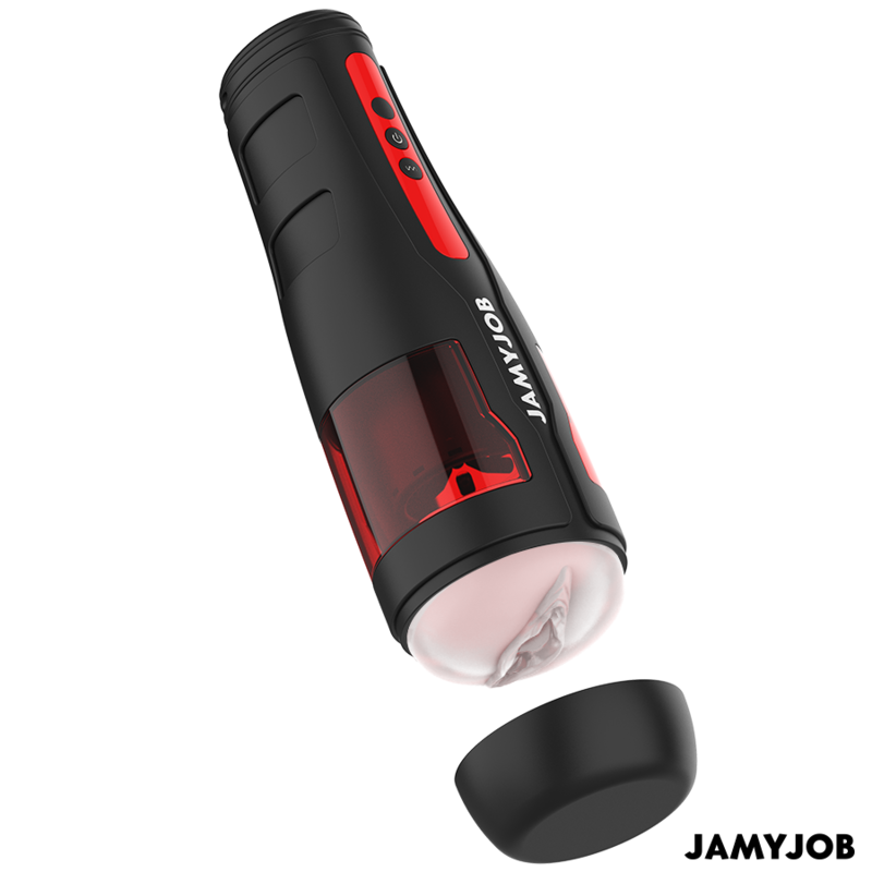 Close-up do masturbador automático masculino JAMYJOB Cyclone, mostrando seu design elegante em preto e detalhes em vermelho e a textura de silicone.