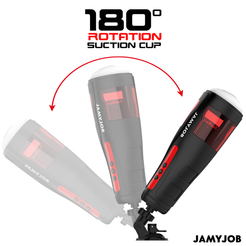 Close-up do masturbador automático masculino JAMYJOB Cyclone, mostrando seu design elegante em preto e detalhes em vermelho e a textura de silicone.