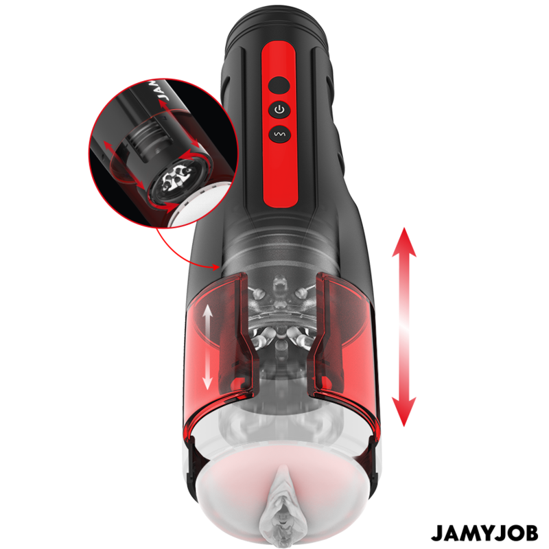 Close-up do masturbador automático masculino JAMYJOB Cyclone, mostrando seu design elegante em preto e detalhes em vermelho e a textura de silicone.