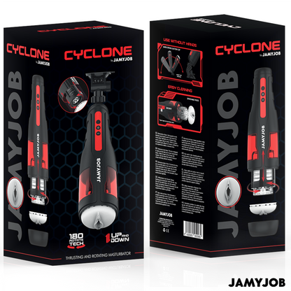 Close-up do masturbador automático masculino JAMYJOB Cyclone, mostrando seu design elegante em preto e detalhes em vermelho e a textura de silicone.
