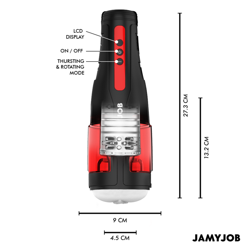 Close-up do masturbador automático masculino JAMYJOB Cyclone, mostrando seu design elegante em preto e detalhes em vermelho e a textura de silicone.