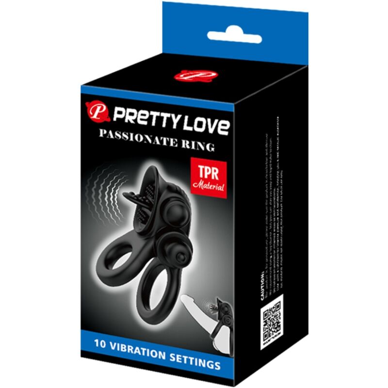 Close-up do PRETTY LOVE Anel Vibratório Duplo com Estimulador Clitoriano Preto, destacando o seu design ergonómico e vibrador.