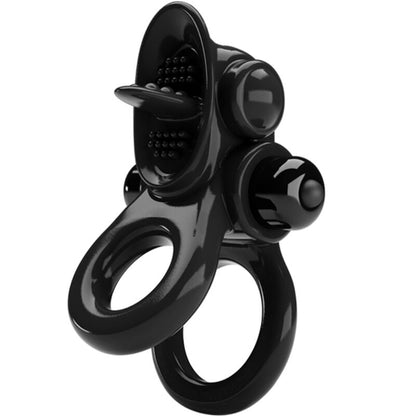 Close-up do PRETTY LOVE Anel Vibratório Duplo com Estimulador Clitoriano Preto, destacando o seu design ergonómico e vibrador.