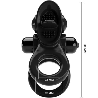 Close-up do PRETTY LOVE Anel Vibratório Duplo com Estimulador Clitoriano Preto, destacando o seu design ergonómico e vibrador.