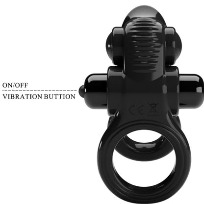 Close-up do PRETTY LOVE Anel Vibratório Duplo com Estimulador Clitoriano Preto, destacando o seu design ergonómico e vibrador.