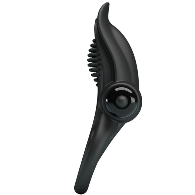 Close-up do PRETTY LOVE Anel Vibratório Duplo com Estimulador de Clítoris 10 Funções Preto, mostrando seu design ergonómico e material de silicone suave.