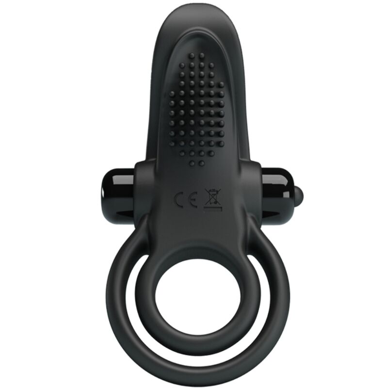 Close-up do PRETTY LOVE Anel Vibratório Duplo com Estimulador de Clítoris 10 Funções Preto, mostrando seu design ergonómico e material de silicone suave.