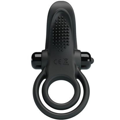 Close-up do PRETTY LOVE Anel Vibratório Duplo com Estimulador de Clítoris 10 Funções Preto, mostrando seu design ergonómico e material de silicone suave.