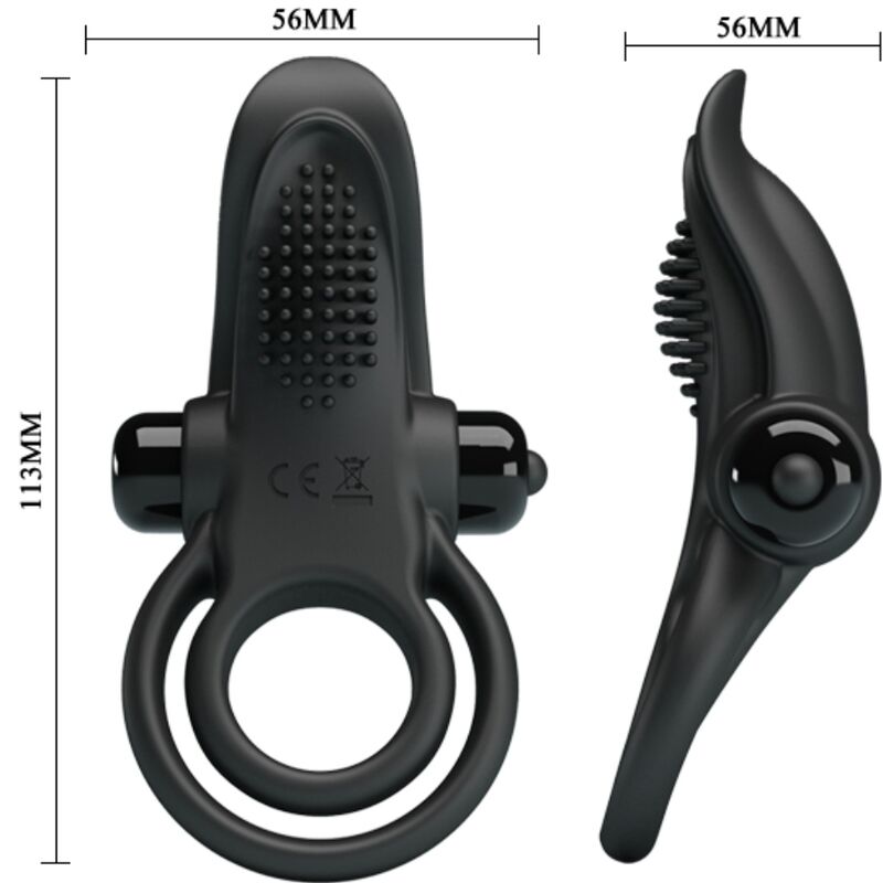 Close-up do PRETTY LOVE Anel Vibratório Duplo com Estimulador de Clítoris 10 Funções Preto, mostrando seu design ergonómico e material de silicone suave.