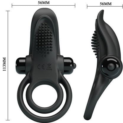 Close-up do PRETTY LOVE Anel Vibratório Duplo com Estimulador de Clítoris 10 Funções Preto, mostrando seu design ergonómico e material de silicone suave.