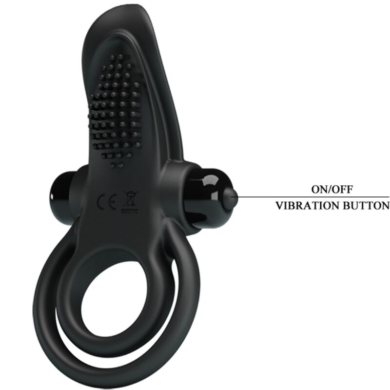 Close-up do PRETTY LOVE Anel Vibratório Duplo com Estimulador de Clítoris 10 Funções Preto, mostrando seu design ergonómico e material de silicone suave.