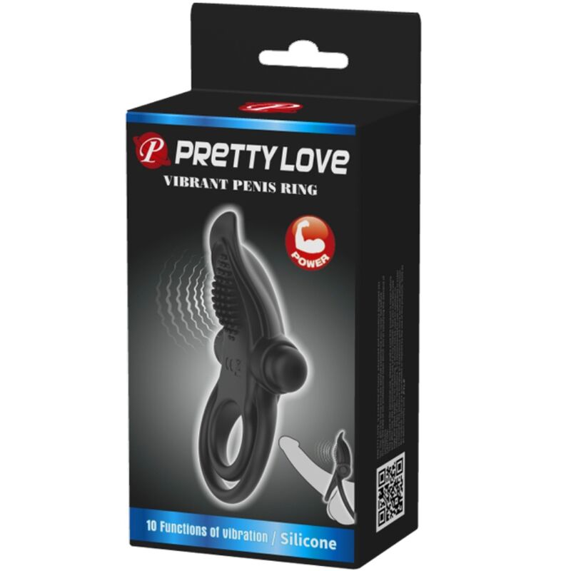 Close-up do PRETTY LOVE Anel Vibratório Duplo com Estimulador de Clítoris 10 Funções Preto, mostrando seu design ergonómico e material de silicone suave.