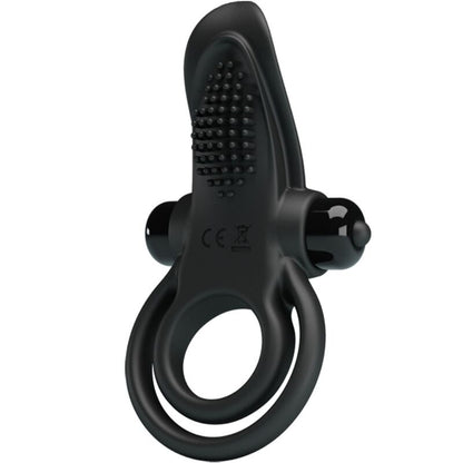 Close-up do PRETTY LOVE Anel Vibratório Duplo com Estimulador de Clítoris 10 Funções Preto, mostrando seu design ergonómico e material de silicone suave.