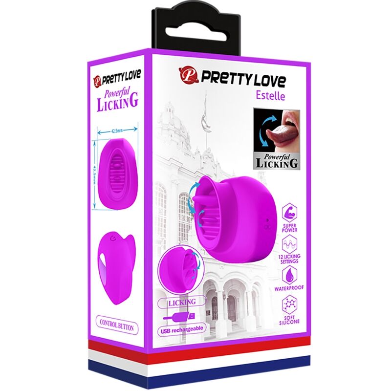 Close-up do PRETTY LOVE Estelle Vibrador Estimulador Clitoriano de Língua Roxo, destacando o silicone suave e o design ergonómico.