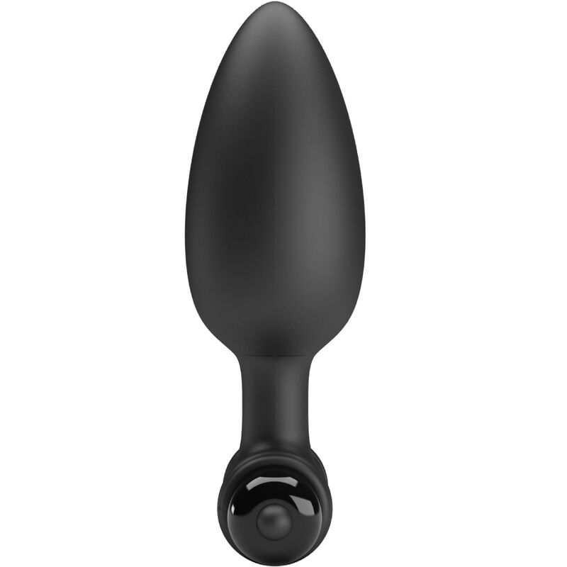 Close-up do PRETTY LOVE Plug Anal Vibratório 10 Funções Preto, mostrando seu design ergonómico e material de silicone.