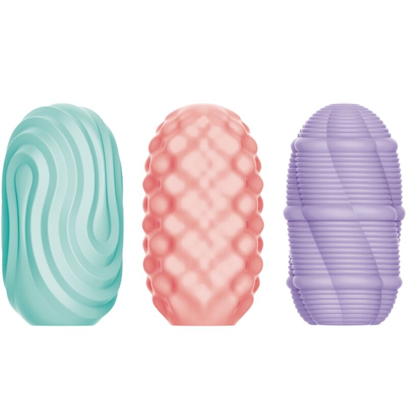 Conjunto de masturbadores masculinos PRETTY LOVE Cupid X 18, mostrando as diferentes texturas e designs internos.