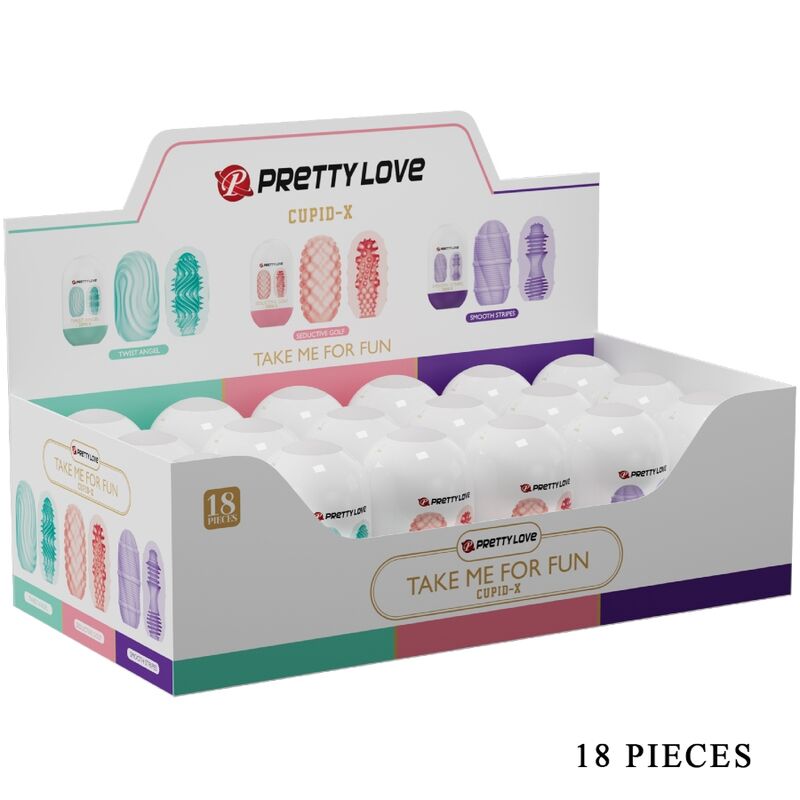 Conjunto de masturbadores masculinos PRETTY LOVE Cupid X 18, mostrando as diferentes texturas e designs internos.