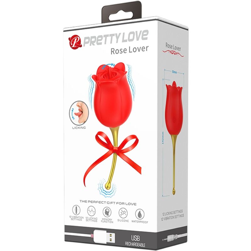 PRETTY LOVE Estimulador de Clitóris Rose Lover vermelho com 12 funções, em silicone macio, recarregável USB.