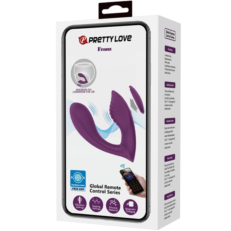 Close-up do vibrador massageador PRETTY LOVE Franz com controlo por app, em cor roxa.