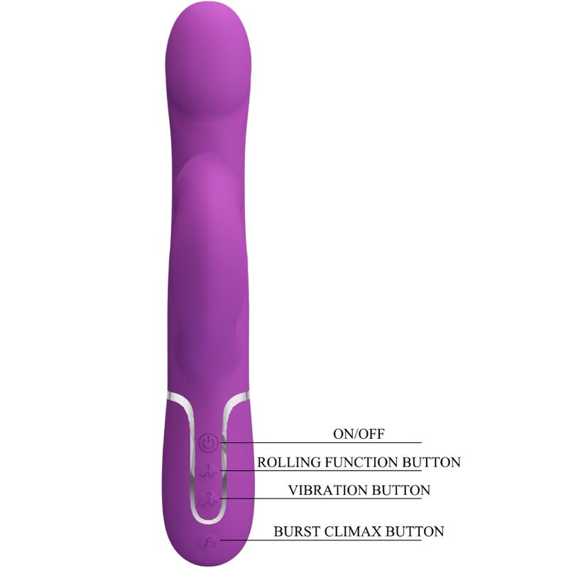 Close-up do PRETTY LOVE Vibrador Estimulador Multifuncional 4 em 1 Roxo, mostrando o design ergonómico e texturas.