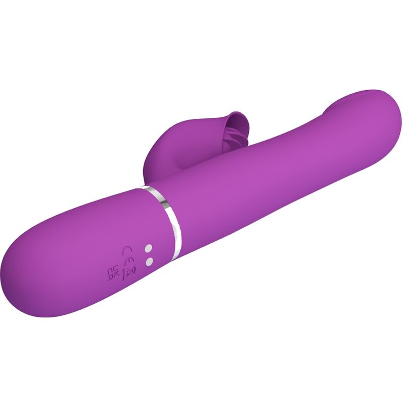 Close-up do PRETTY LOVE Vibrador Estimulador Multifuncional 4 em 1 Roxo, mostrando o design ergonómico e texturas.