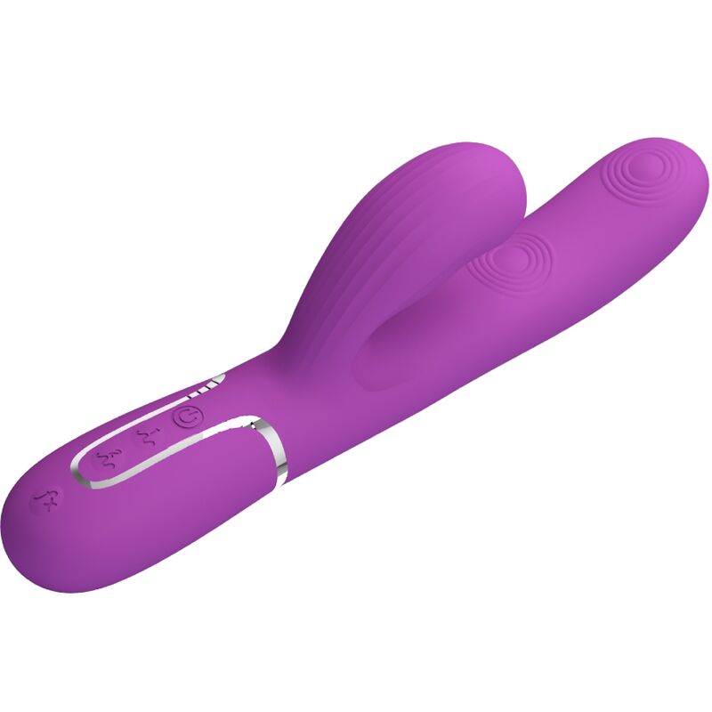 PRETTY LOVE Vibrador Coelho Multifuncional 3 em 1 Roxo, exibindo seu design ergonómico e ponta estimulante.