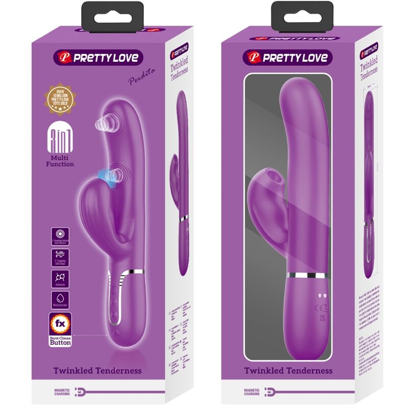 PRETTY LOVE Vibrador Coelho Multifuncional 3 em 1 Roxo, exibindo seu design ergonómico e ponta estimulante.