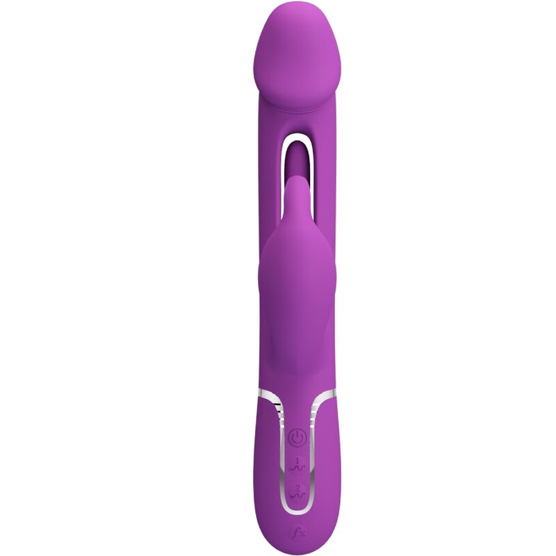 Close-up do Vibrador Coelho Multifuncional PRETTY LOVE Kampas 3 em 1 Roxo, mostrando o estimulador de coelho e a língua vibratória.
