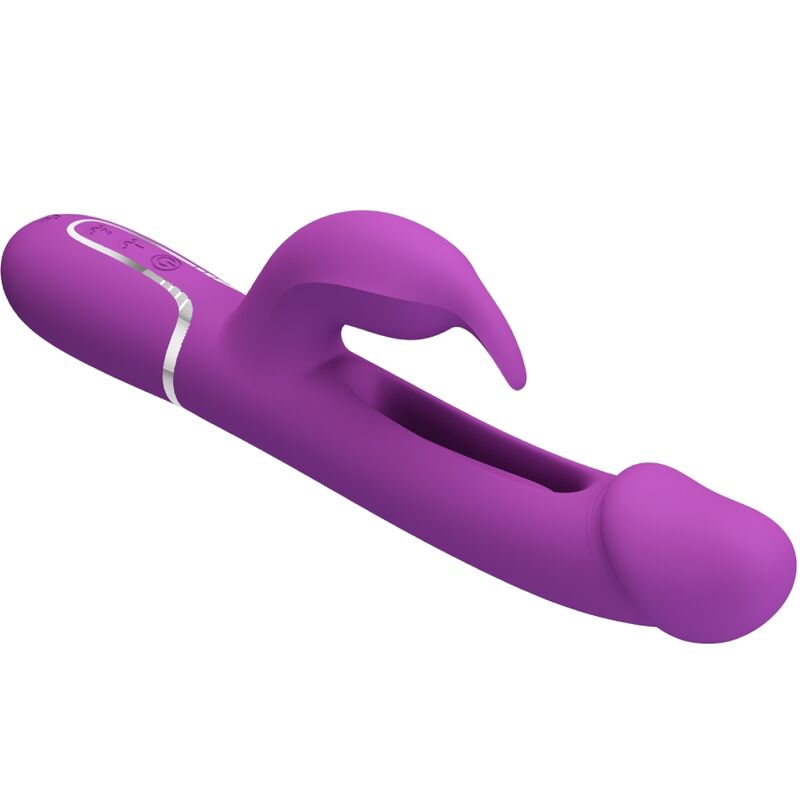 Close-up do Vibrador Coelho Multifuncional PRETTY LOVE Kampas 3 em 1 Roxo, mostrando o estimulador de coelho e a língua vibratória.