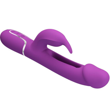 Close-up do Vibrador Coelho Multifuncional PRETTY LOVE Kampas 3 em 1 Roxo, mostrando o estimulador de coelho e a língua vibratória.
