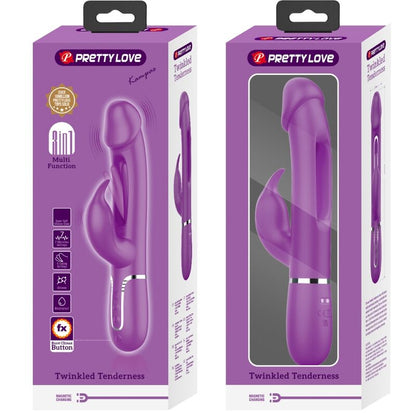 Close-up do Vibrador Coelho Multifuncional PRETTY LOVE Kampas 3 em 1 Roxo, mostrando o estimulador de coelho e a língua vibratória.