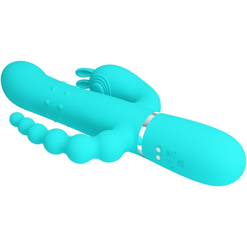 Close-up do Vibrador Triplo Multifuncional Pretty Love Cammy 4 em 1 Azul, mostrando suas curvaturas e textura de silicone.