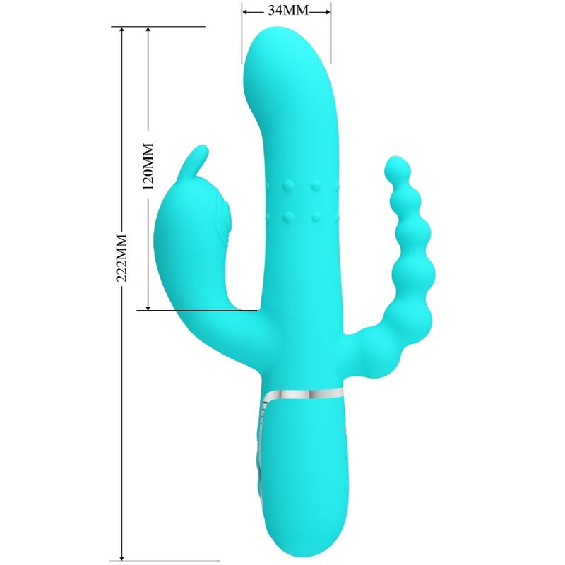 Close-up do Vibrador Triplo Multifuncional Pretty Love Cammy 4 em 1 Azul, mostrando suas curvaturas e textura de silicone.