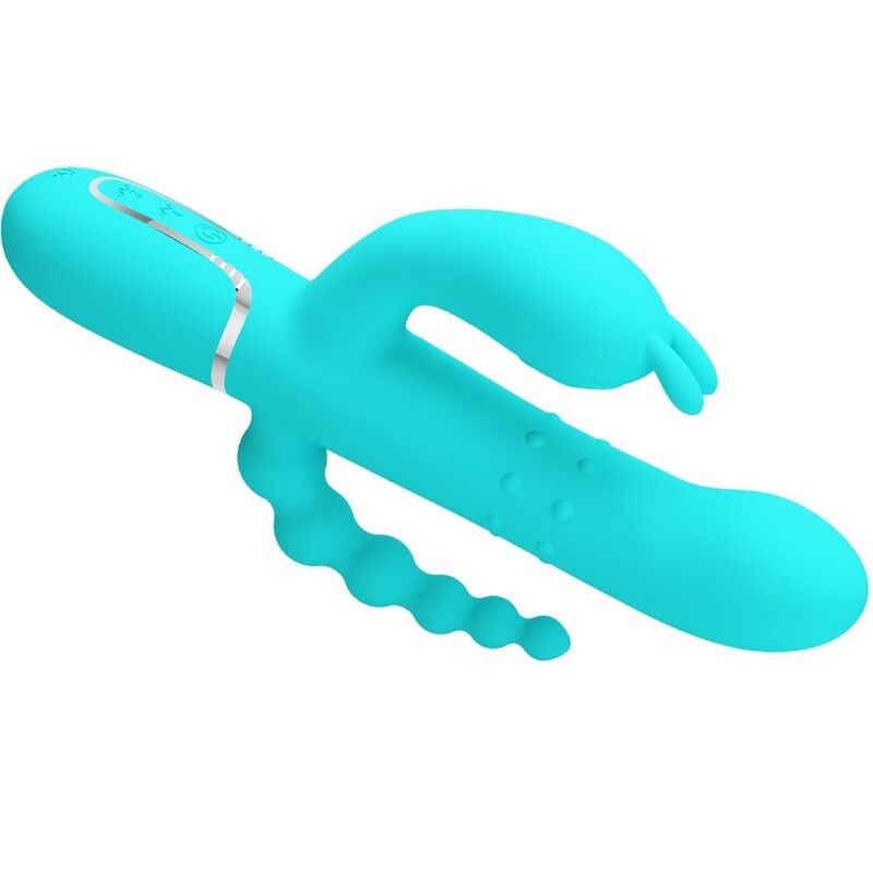 Close-up do Vibrador Triplo Multifuncional Pretty Love Cammy 4 em 1 Azul, mostrando suas curvaturas e textura de silicone.