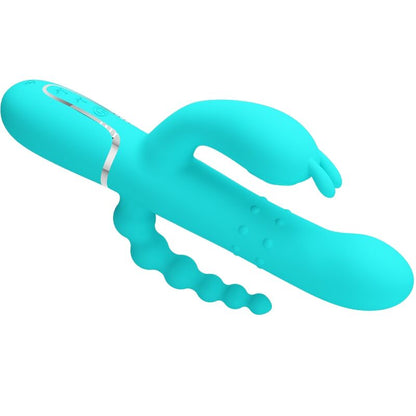 Close-up do Vibrador Triplo Multifuncional Pretty Love Cammy 4 em 1 Azul, mostrando suas curvaturas e textura de silicone.