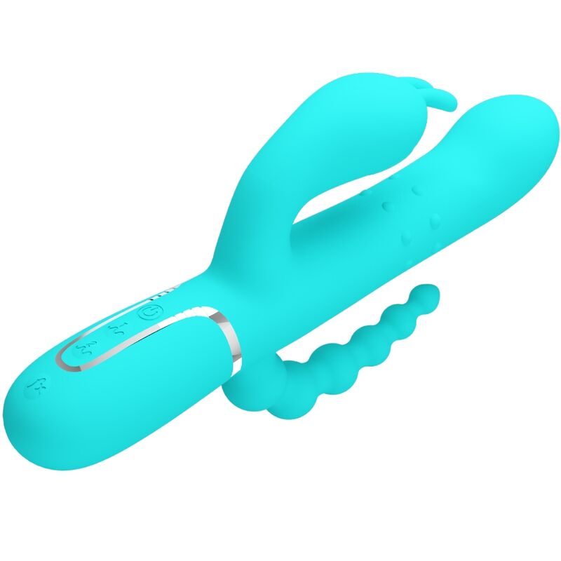 Close-up do Vibrador Triplo Multifuncional Pretty Love Cammy 4 em 1 Azul, mostrando suas curvaturas e textura de silicone.