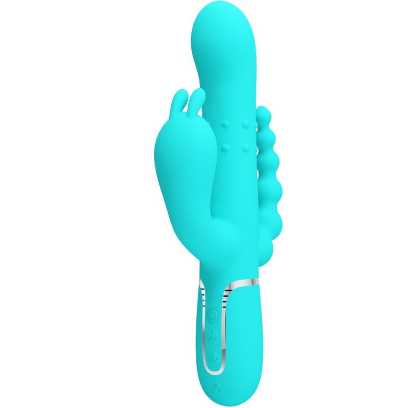 Close-up do Vibrador Triplo Multifuncional Pretty Love Cammy 4 em 1 Azul, mostrando suas curvaturas e textura de silicone.