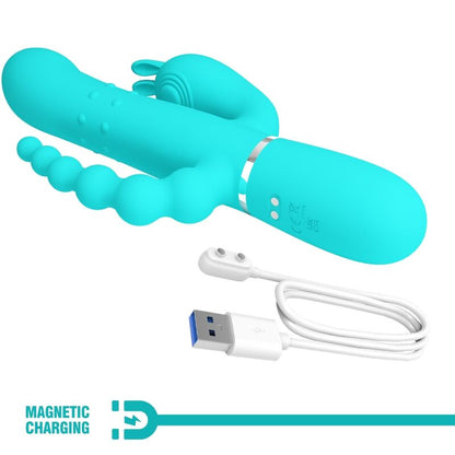 Close-up do Vibrador Triplo Multifuncional Pretty Love Cammy 4 em 1 Azul, mostrando suas curvaturas e textura de silicone.