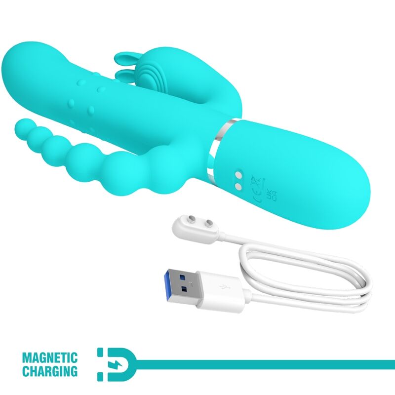 Close-up do Vibrador Triplo Multifuncional Pretty Love Cammy 4 em 1 Azul, mostrando suas curvaturas e textura de silicone.