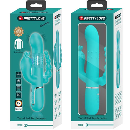 Close-up do Vibrador Triplo Multifuncional Pretty Love Cammy 4 em 1 Azul, mostrando suas curvaturas e textura de silicone.