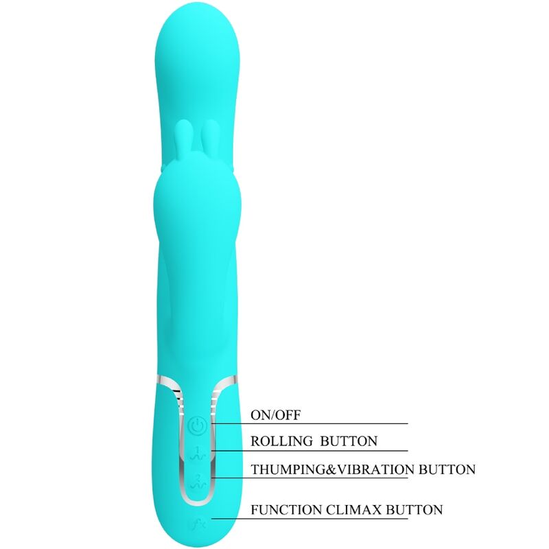 Close-up do Vibrador Triplo Multifuncional Pretty Love Cammy 4 em 1 Azul, mostrando suas curvaturas e textura de silicone.
