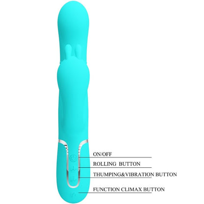 Close-up do Vibrador Triplo Multifuncional Pretty Love Cammy 4 em 1 Azul, mostrando suas curvaturas e textura de silicone.