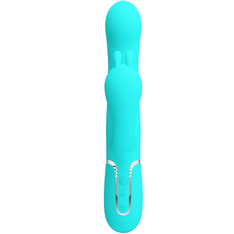 Close-up do Vibrador Triplo Multifuncional Pretty Love Cammy 4 em 1 Azul, mostrando suas curvaturas e textura de silicone.