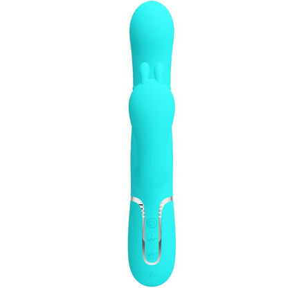 Close-up do Vibrador Triplo Multifuncional Pretty Love Cammy 4 em 1 Azul, mostrando suas curvaturas e textura de silicone.