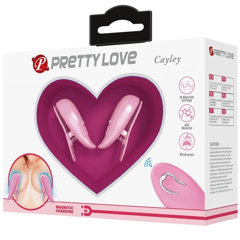 Close-up das presilhas de mamilo vibratórias PRETTY LOVE Cailey com controle remoto.