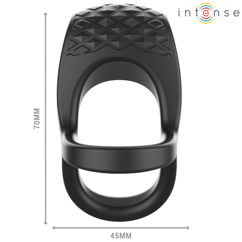 Close-up of the INTENSE Alex Anel Peniano Vibrador Duplo Preto, showing its design and texture.