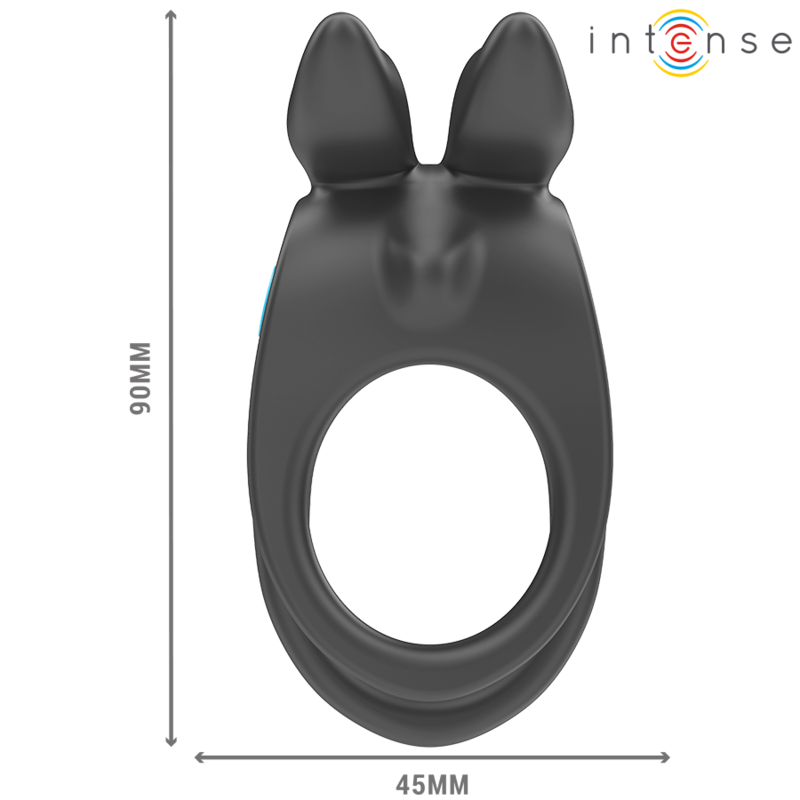 INTENSE Vibrador Anel Duplo Pénis Preto com 10 Vibrações, detalhes do design e funcionalidade.