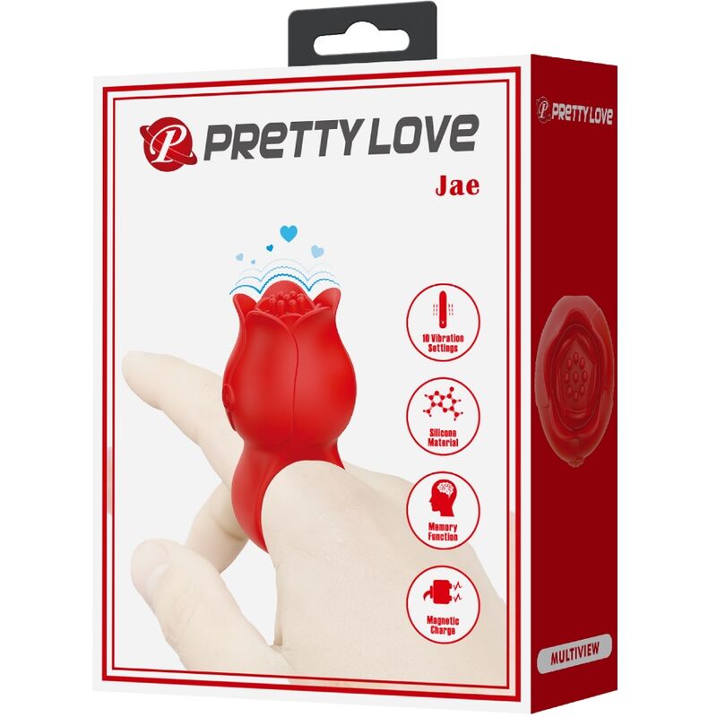 Vibrador de dedo PRETTY LOVE Rose vermelho de silicone com 10 vibrações e carregamento USB.