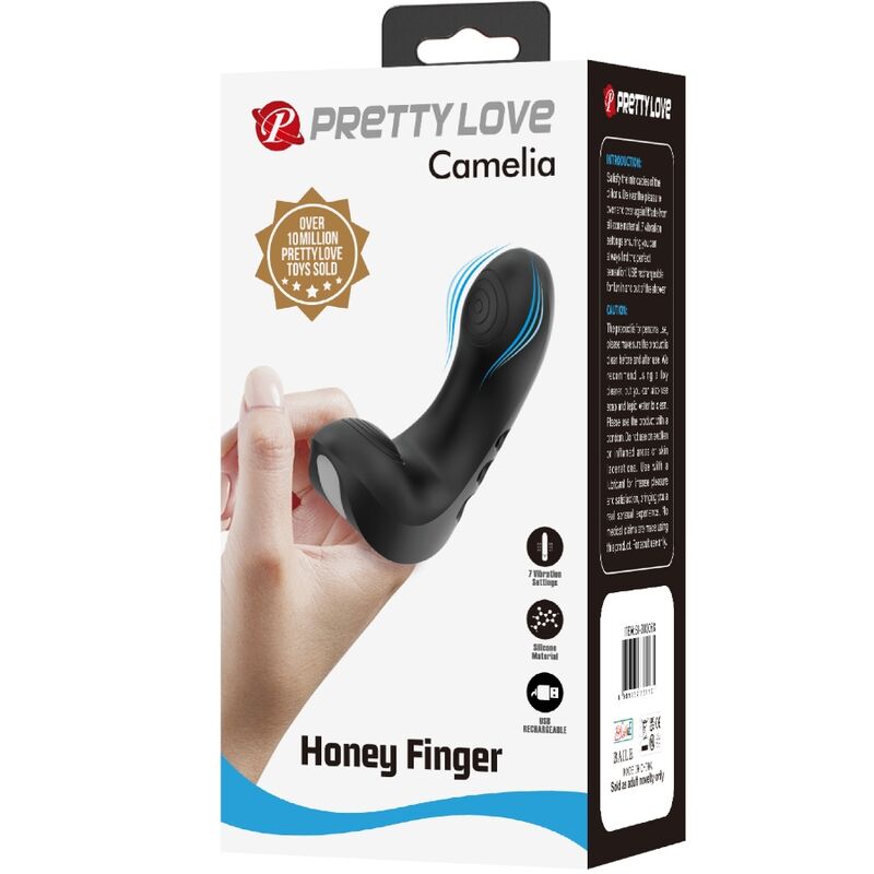 Close-up do Vibrador de Dedo PRETTY LOVE Camelia preto, destacando seu design compacto e silicone macio.