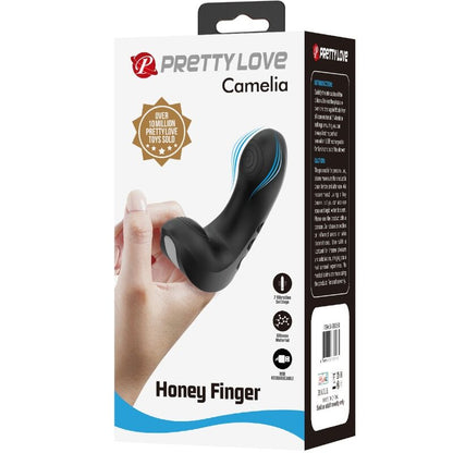 Close-up do Vibrador de Dedo PRETTY LOVE Camelia preto, destacando seu design compacto e silicone macio.